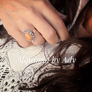 Yellow Jade Ring — Ornate Silver Scrollwork